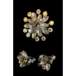 Vintage Aurora Borealis Rhinestone Brooch Clip-On   Earrings set Estate jewelry
